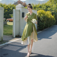 妍莉芬（yanlifen）不規(guī)則連衣裙女夏季設計感小眾綠色襯衫裙氣質顯瘦法式裙子夏天 綠色  L