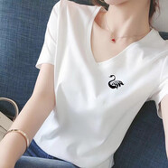 登森奧奧短袖t恤女顯瘦上衣2024夏季女裝新款休閑韓版V領(lǐng)印花棉體恤T恤女 白色天鵝 2XL 建議120-135斤