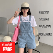 延芮洋氣減齡牛仔背帶褲女夏季新款韓版寬松日系小個子吊帶連體短 淺藍 BTN/Y010 XL 【115-125斤】