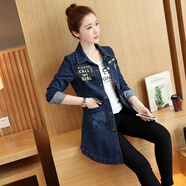 蘭威費雷牛仔外套女春季新款韓版中長(cháng)款印花寬松薄款女士長(cháng)袖牛仔衣潮 牛仔藍 S 【70-90斤】