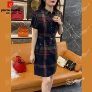 皮爾卡丹（pierre cardin）官方高端香云紗裙子格子半袖連衣裙夏季新款女裝小個子氣質(zhì)襯衫裙 品牌旗艦圖片色洗滌略掉浮色 23 2XL 品牌旗艦 建議120-135斤