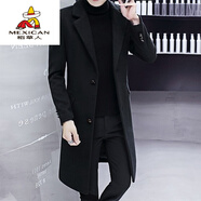 稻草人風(fēng)衣男韓版修身加棉加厚中長(cháng)款毛呢大衣男士呢子外套冬季男裝帥氣 806黑色 XL 125-138斤