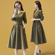 楚馨2025春秋季新款女裝時(shí)尚氣質(zhì)女士長(zhǎng)袖風(fēng)衣連衣裙中長(zhǎng)款襯衫裙裙子 軍綠色 2XL (122-135斤)