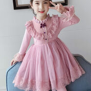 糊圖狗（HUTUGOU） 女童連衣裙新款洋氣蕾絲蓬蓬紗裙小女孩秋裝公主裙兒童裙子 藕色+打底褲 120