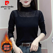 皮爾卡丹韓版燙鉆女士打底衫修身不臃腫上衣百搭小衫半高領(lǐng)蕾絲上衣女 黑色(德絨厚款) M(建議85-100斤)