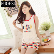 背心睡衣女夏季純棉短褲韓版夏天薄款大碼寬松無(wú)袖家居服兩件套裝 背心紐扣魚(yú) 女--M碼