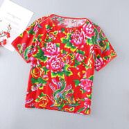 璽檸XINING東北大花布女薄款T恤夏潮流聚會寬松短袖閨蜜裝民族風(fēng)服裝表演服 紅色 160