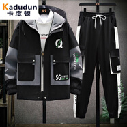 卡度頓 加絨套裝男秋冬季韓版潮流套裝休閑運動(dòng)服搭配一套男士外套男嘻哈青少年外套兩件套工裝褲時(shí)尚男裝潮 黑灰色-套裝男潮流休閑運動(dòng)工裝褲兩件套 2XL-(男款長(cháng)袖上衣搭配長(cháng)褲子兩件套裝)