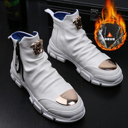 YDL 新款 歐美潮流拉鏈高幫鞋 秋冬款男士增高休閑鞋 青年個(gè)性格馬丁靴運動(dòng)戶(hù)外潮鞋男鞋 白色加絨&內增高 39