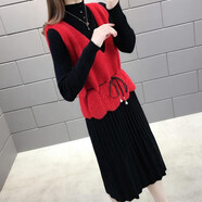 度漁（DUYU）針織連衣裙秋冬季新款毛衣女裝修身氣質(zhì)休閑時(shí)尚馬甲兩件裝套裝裙 紅色 套裝 S （建議95斤以下)