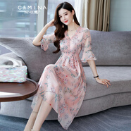 淳咪娜 女裝連衣裙女夏中長(zhǎng)款新品短袖女修身沙灘裙釘珠氣質(zhì)女裙顯瘦 粉底碎花 L - 建議96-112斤