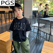 普戈斯（PUGESI）男童t恤長(cháng)袖男孩寶寶童裝2023新款春秋兒童假兩件秋上衣洋氣潮 黑色字母T恤 80