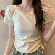 歌詩慧上衣夏季女裝短袖女V領正肩t恤女修身緊身T恤設計感顯瘦2025新款 杏色V領抽繩修身短袖 M 【85-100斤】
