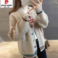 皮爾卡丹（pierre cardin）燈籠袖開(kāi)衫毛衣加厚女冬韓版寬松口袋針織衫毛線(xiàn)衣外套女春秋新款 彩扣卡其 2XL