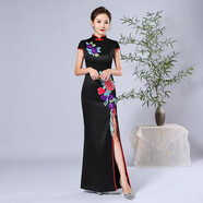 應(yīng)否繡花旗袍女加長款中國風(fēng)紅色旗袍禮服改良時尚前開叉走秀旗袍裙 黑色 S