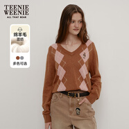 Teenie Weenie小熊女裝秋季學院休閑混紡V領學院菱形格毛衣針織衫 卡其色 L 170