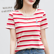 紅粉宣言（HOFESOWEN）條紋T恤女短袖寬松顯瘦2024夏季新款休閑上衣 紅色 L