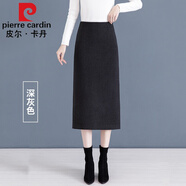 皮爾卡丹高檔品牌女裝毛呢半身裙女秋冬新款感中長款高腰開叉加厚直筒包臀一步裙女顯瘦針織 深灰色 3XL