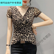 FMSERUIOS性感V領(lǐng)蕾絲網(wǎng)紗短袖T恤女2024春夏新款歐貨洋氣豹紋打底上衣小衫 8857網(wǎng)紗豹紋 S78-90斤