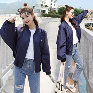 SXA香港潮牌長袖小個子短外套女春秋新款百搭蜜蜂繡花棒球服氣質夾克 藏青色 S