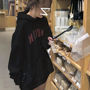 嬌茹妮 港風(fēng)chic復(fù)古加絨加厚連帽衛(wèi)衣女秋冬寬松情侶裝慵懶風(fēng)外套ins潮 黑色加絨（高品質(zhì)棉不起球） XL