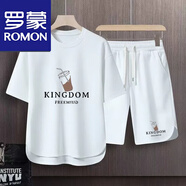羅蒙（ROMON）父親節休閑短褲套裝男夏季薄款大碼時尚短袖t恤潮運動五分褲套裝 白色套裝【KINGDOM】 XL