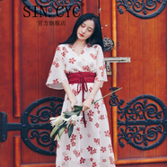 SIN.CYC女裝碎花連衣裙夏季雪紡超仙收腰復古裙子 腰帶款淺杏色 S