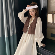 妍莉芬（yanlifen）米白色設計感連衣裙套裝女2025春裝新款法式減齡小個(gè)子馬甲兩件套 米白色 【套裝】 L (125斤內)