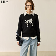 LILY冬新款女裝學(xué)院風(fēng)減齡圓領(lǐng)寬松俏皮蝴蝶結(jié)長袖針織衫女款 510黑 S