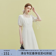 范思藍(lán)恩夏季氣質(zhì)拼接方領(lǐng)連衣裙夏季新款純色高腰顯瘦女裙泡泡袖裙子短款 白色 L