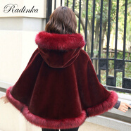 Radinka秋冬新款仿皮草外套女短款顯瘦連帽大衣百搭披肩毛領(lǐng)斗篷JMF 紅色 均碼