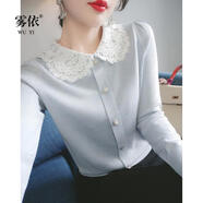 楠語秋（NANYUQIU）針織衫毛衣外穿女2021秋裝韓版拼接蕾絲鉤花娃娃領(lǐng)紐扣百搭長袖 淺藍色 S