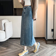 箐冉兒復古后開(kāi)叉牛仔長(cháng)裙半身裙女春夏新款高腰顯瘦包臀牛仔裙長(cháng)款 淺藍色 M
