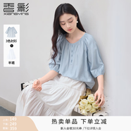 香影中袖襯衫女圓領2026夏裝新款慵懶泡泡袖氣質淑女寬松藍色上衣 藍色 M 160/84A/95-110斤
