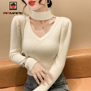 AEMAPE泡泡袖打底衫女裝掛脖毛衣女2025春秋冬季時(shí)尚針織衫女心機 杏色 XL _130-145斤