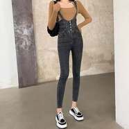 寶喬旭牛仔背帶褲女年秋裝彈力修身鉛筆褲高腰顯瘦連體褲小腳褲 黑灰色 XL