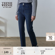 Teenie Weenie小熊復古牛仔褲長褲小腳褲黑色高腰簡約風鉛筆褲女士 深藍色 L (170)