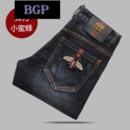 BGP 潮牌刺繡蜜蜂新款時(shí)尚百搭男裝牛仔褲修身小腳褲棉彈力男士長(zhǎng)褲 深藍(lán) XL (32)