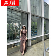 燕珺【高品質(zhì)】天絲交叉v領(lǐng)掛脖連衣裙女裝夏季綁帶收腰無袖露背長裙 圖片色 M