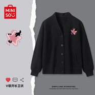 名創(chuàng)優(yōu)品（MINISO）春秋季新款女裝時(shí)尚洋氣外套潮流休閑風(fēng)小個(gè)子V領(lǐng)針織開(kāi)衫衛(wèi)衣女 【春秋款】黑色(星星貓胸標(biāo)) S 155 (名創(chuàng)優(yōu)品 品質(zhì)保證)