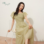 片斷（dribs＆drabs）片斷連衣裙女夏季新款法式茶歇系帶打攬?jiān)O(shè)計(jì)荷葉袖減齡長裙 豆綠 170/92A/XL