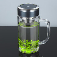 WoLong臥龍水杯單層加厚玻璃杯帶把手男透明泡茶杯茶水分離辦公室耐高溫 銀邊鉆石 藍色 500ml 單層帶濾網(wǎng) 臥龍單層把手杯