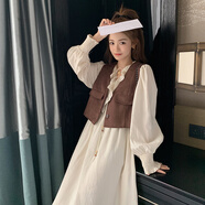 妍莉芬（yanlifen）米白色設(shè)計(jì)感連衣裙套裝女2025春裝新款法式減齡小個(gè)子馬甲兩件套 單長(zhǎng)款連衣裙 L (125斤內(nèi))