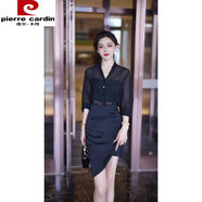 皮爾卡丹（pierre cardin）氣質(zhì)優(yōu)雅時(shí)尚套裝女夏季新款V領(lǐng)雪紡衫高腰不規則裙子兩件套 黑色雪紡衫 L (90-105斤)