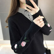 蘭威費(fèi)雷春季新款毛衣女學(xué)生韓版寬松假兩件襯衫領(lǐng)刺繡打底針織衫女 黑色 L 【建議100-110斤】