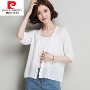 皮爾卡丹針織亞麻防曬衣開(kāi)衫女外披夏季薄款衫外搭小披肩半袖女針織外套短 白色 M