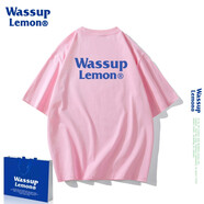 WASSUP LEMON短袖t恤男純棉2023新款wassup國潮落肩寬松情侶裝簡約印花上衣 粉色3083 M    110-130斤