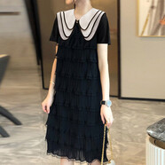 KANJ 高檔娃娃領(lǐng)連衣裙夏季短袖2022新款小個子女士減齡時尚裙子顯瘦遮肉女裝 736款  XL【建議115-125斤】