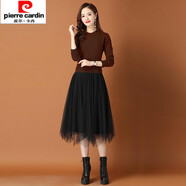 皮爾卡丹針織連衣裙年秋季新款時(shí)尚洋氣假兩件女裝配大.衣蕾絲打底裙子 咖色 M