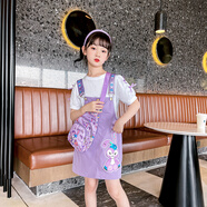 蒙迪索圖女孩子衣服夏季中童女裝11歲小孩子套裝夏女童背帶短褲套 紫色套裝 100